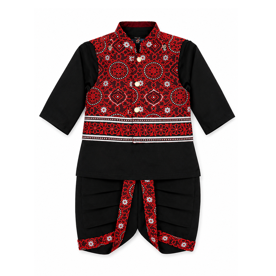 Premium Traditional Dhoti Kurta with Red Sindhi Ajrak Waistcoat