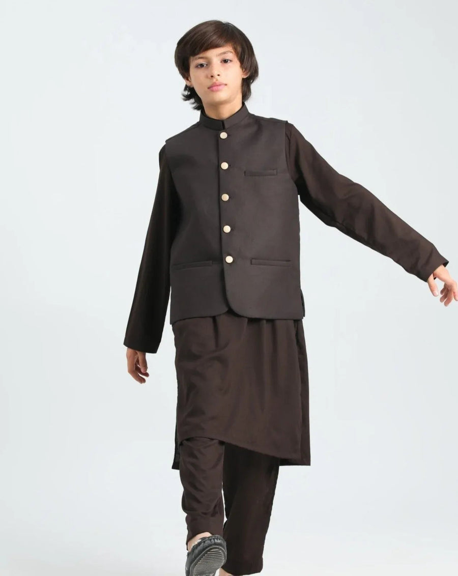 Dark Brown Kurta Trouser with Suiting Waistcoat - Kids