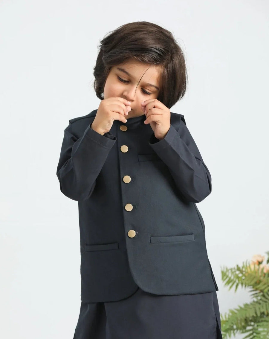 Charcoal Grey Kurta Trouser with Suiting Waistcoat - Kids