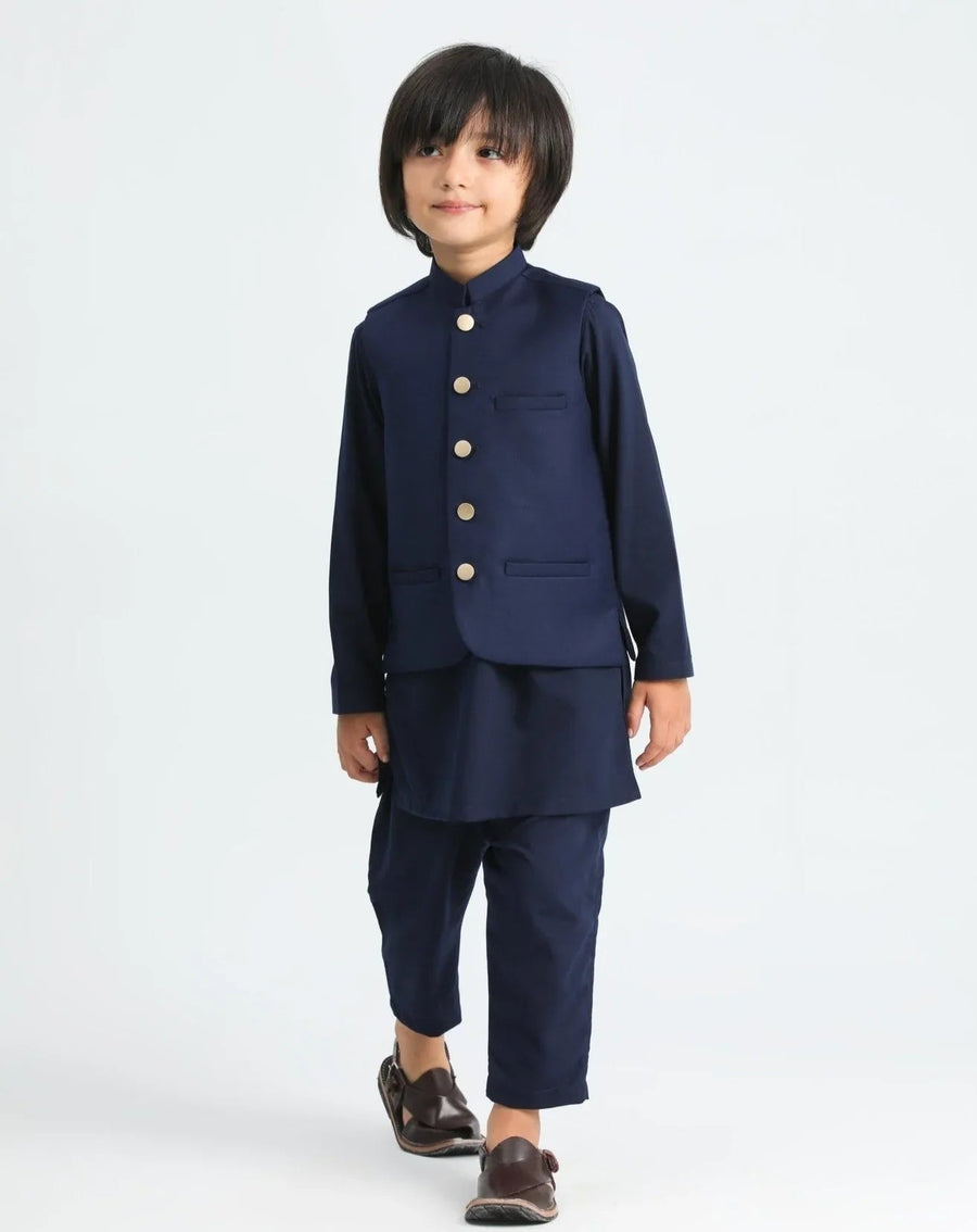 Navy Blue Kurta Trouser with Suiting Waistcoat - Kids