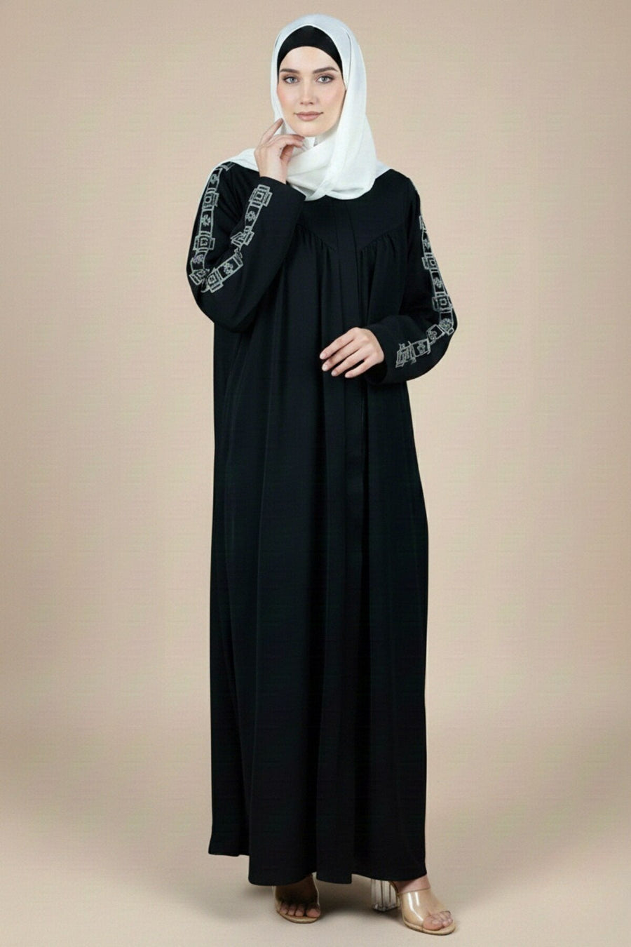 Ancient Pattern Embroidered Gathered Abaya