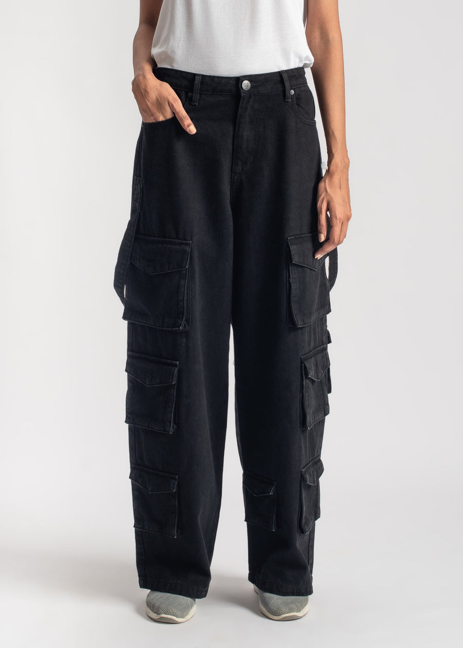 Black Multi Pocket Cargo Jeans Women