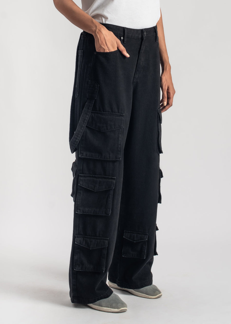 Black Multi Pocket Cargo Jeans Women