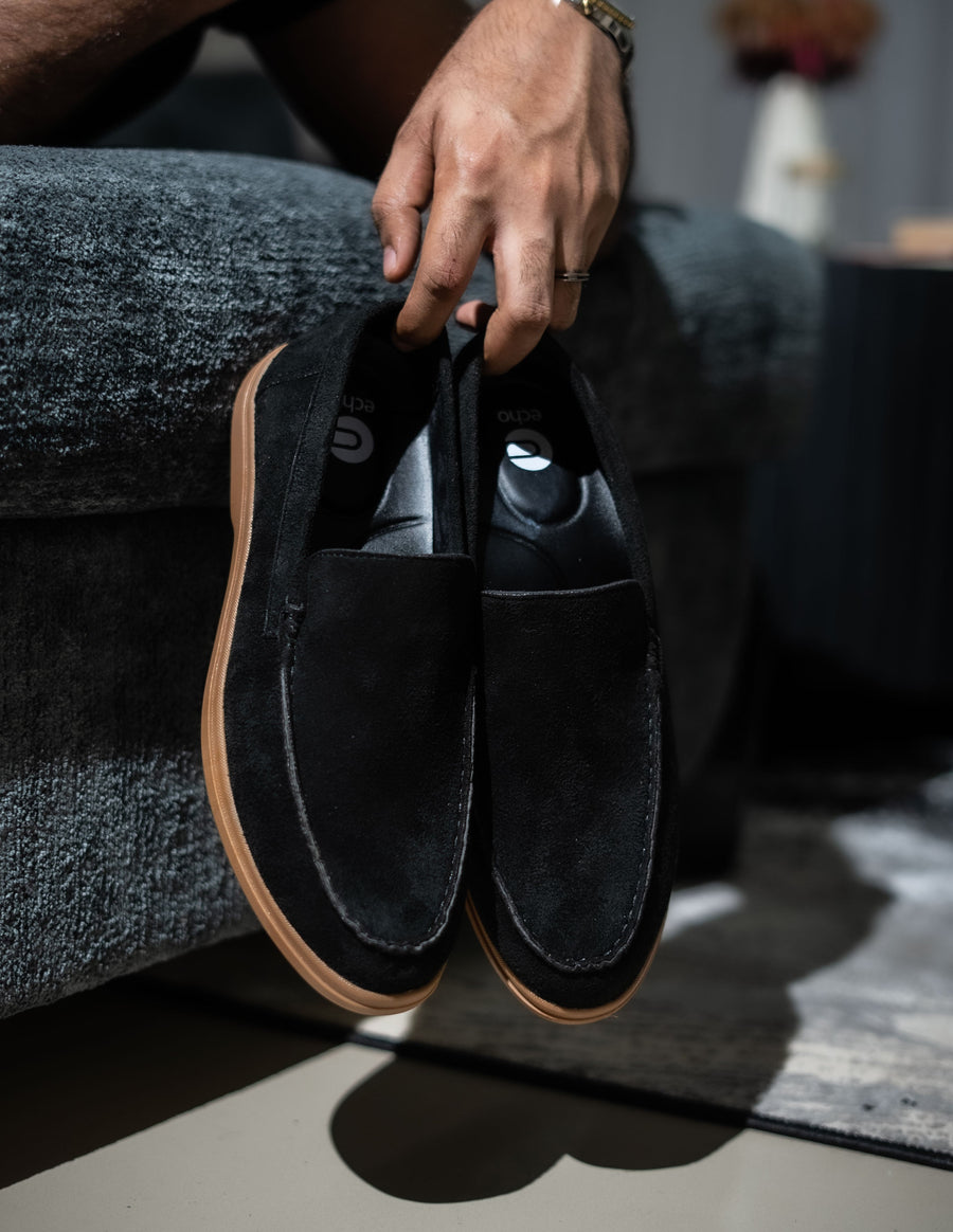 Black Suede Penny Loafers With Honey Sole