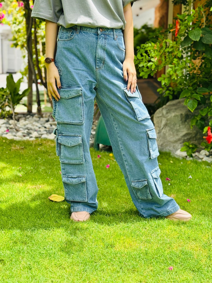 Blue Multi Pocket Cargo Jeans Women