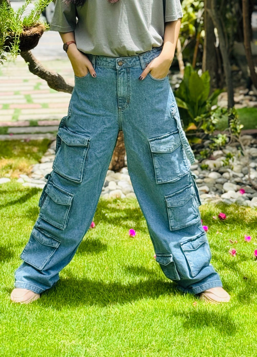 Blue Multi Pocket Cargo Jeans Women