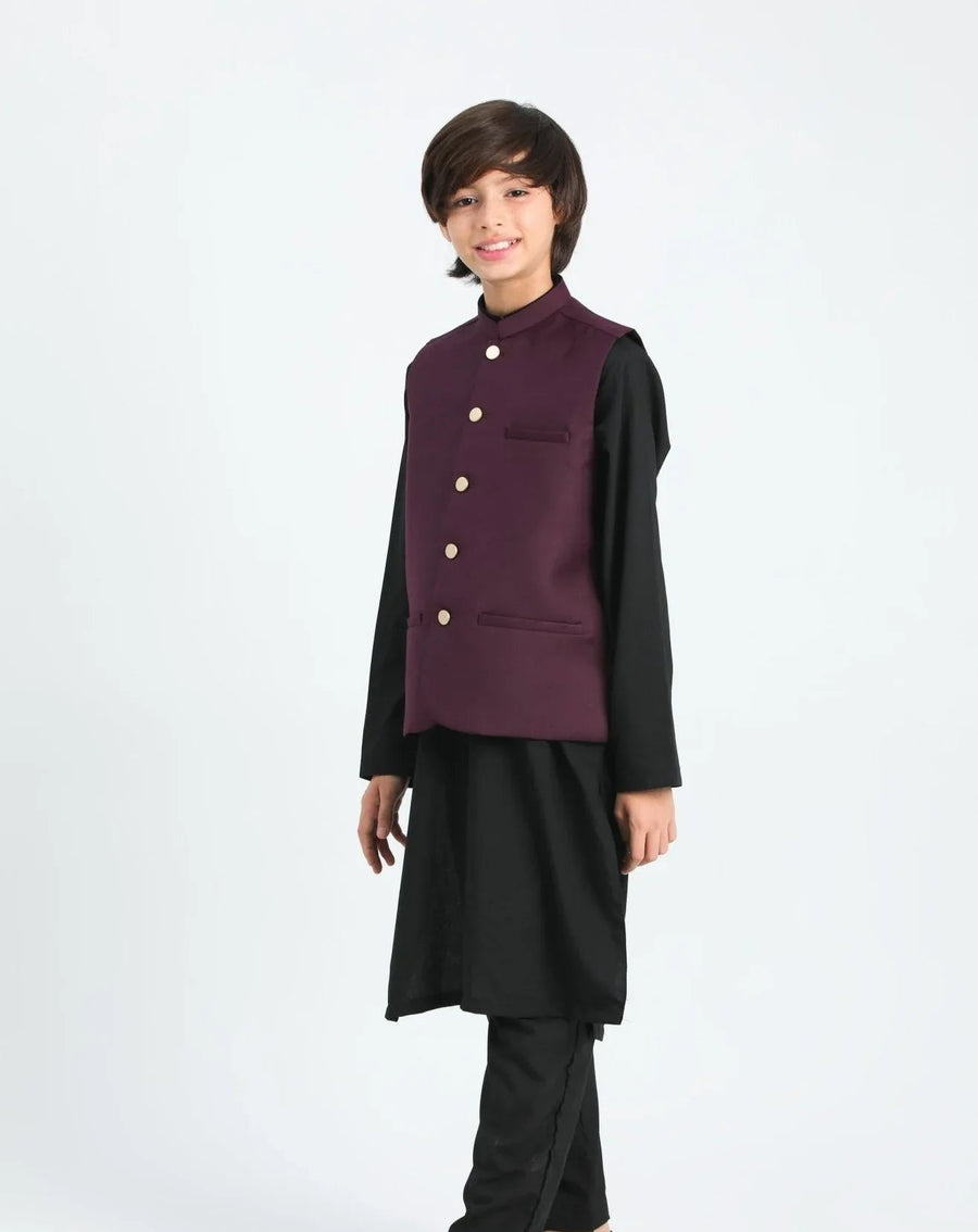 Black Kurta Trouser with Burgundy Suiting Waistcoat - Kids