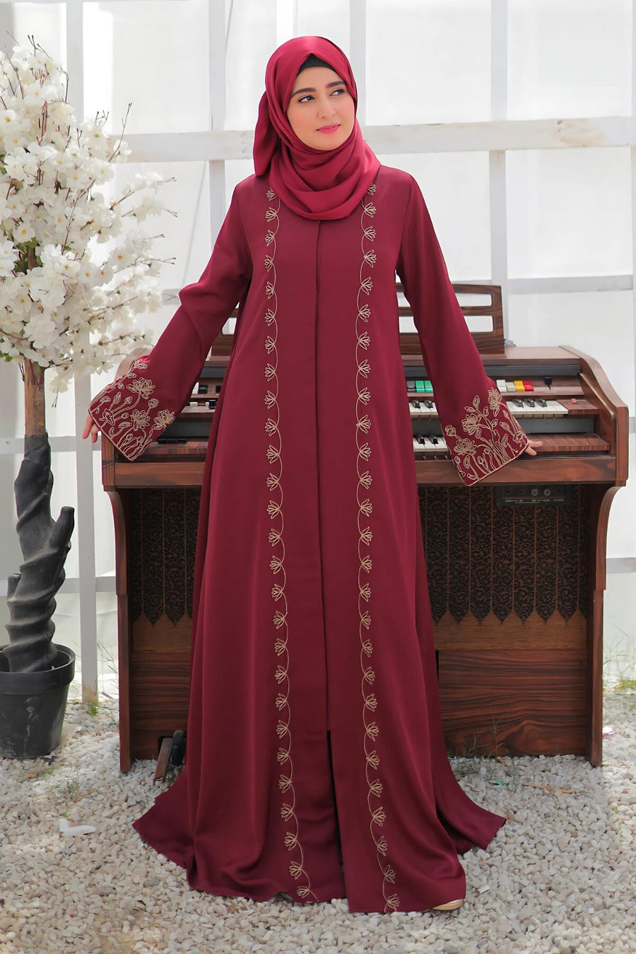 Deep Carmine Embroidered Abaya