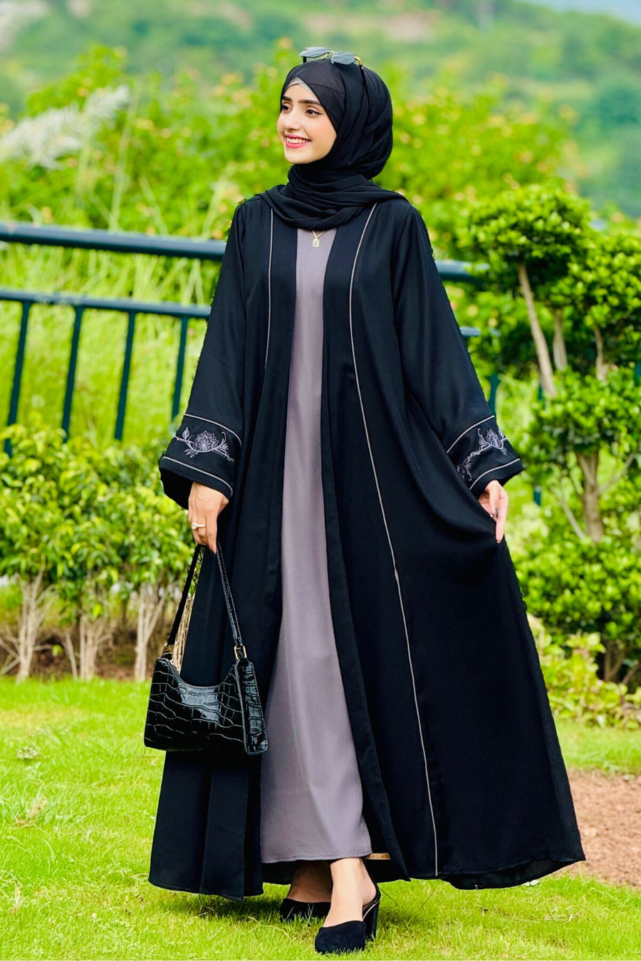 Grey Floral Embroidered Abaya