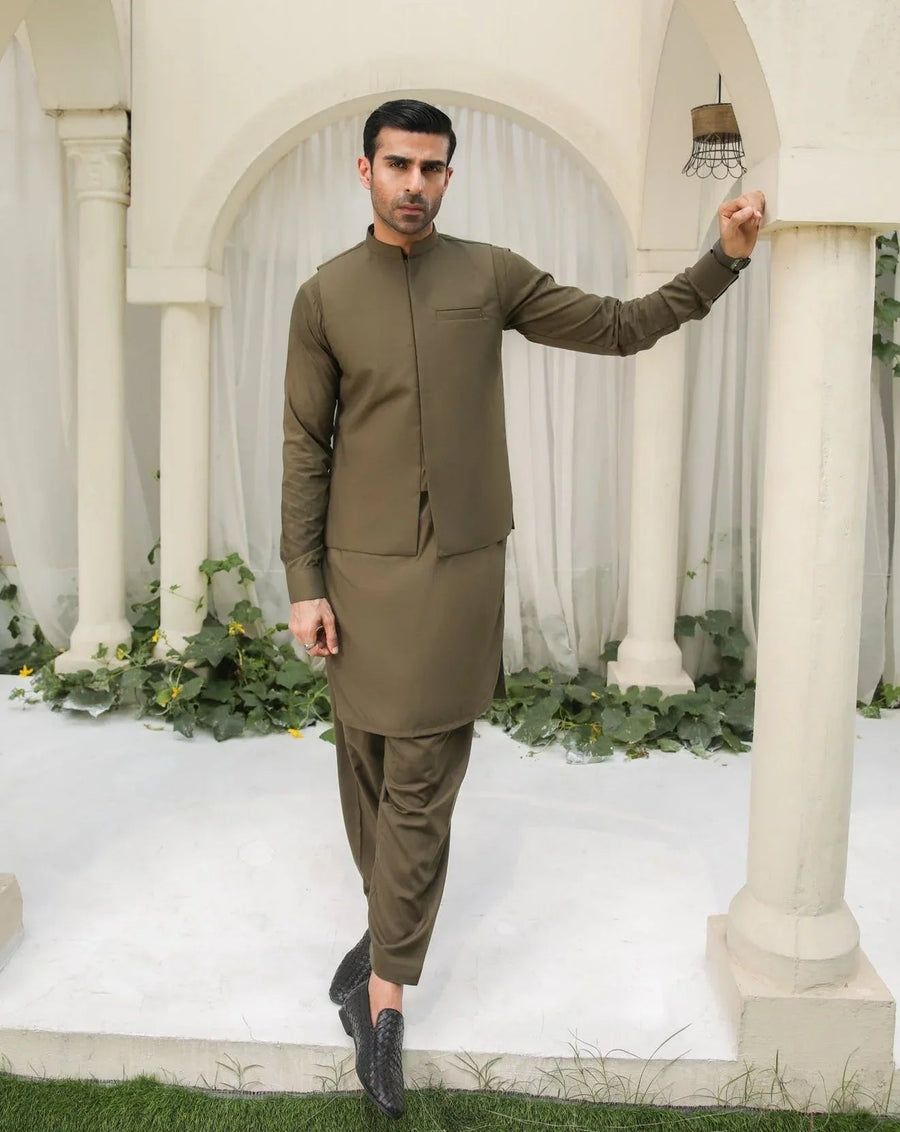 Olive Green Blended Waistcoat - Straigth Cut - Men