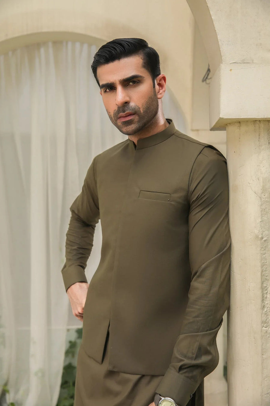 Olive Green Blended Waistcoat - Straigth Cut - Men