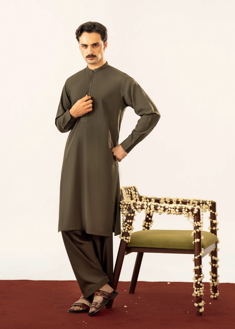 Formal Olive Green Kurta Shalwar - Collar Neck Embroidered - Men