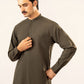 Formal Olive Green Kurta Shalwar - Collar Neck Embroidered - Men