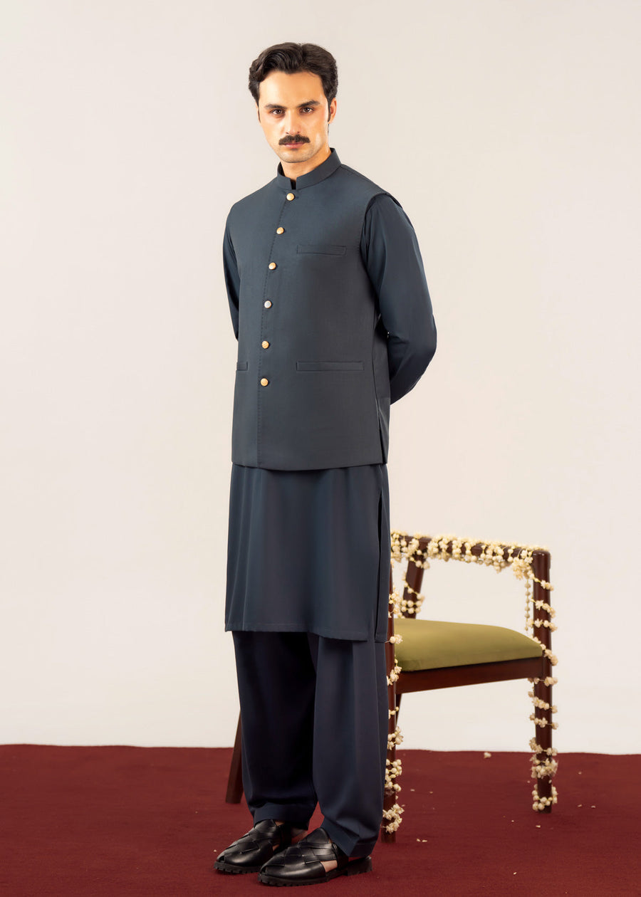 Midnight Blue Kurta Shalwar with Pick-Stitch Matching Waistcoat - Men