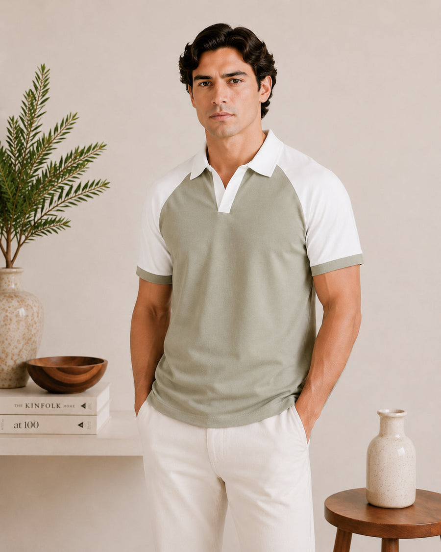 Mint and White Contrast Raglan Polo - Men
