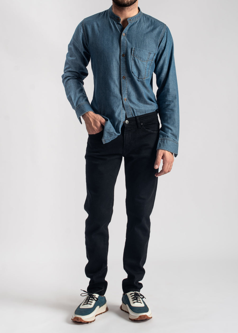 Blue Denim Shirt Band Collar