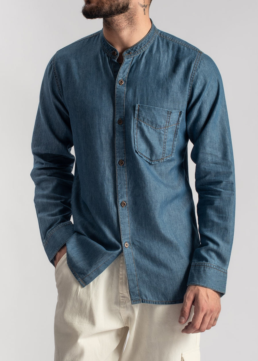 Blue Denim Shirt Band Collar