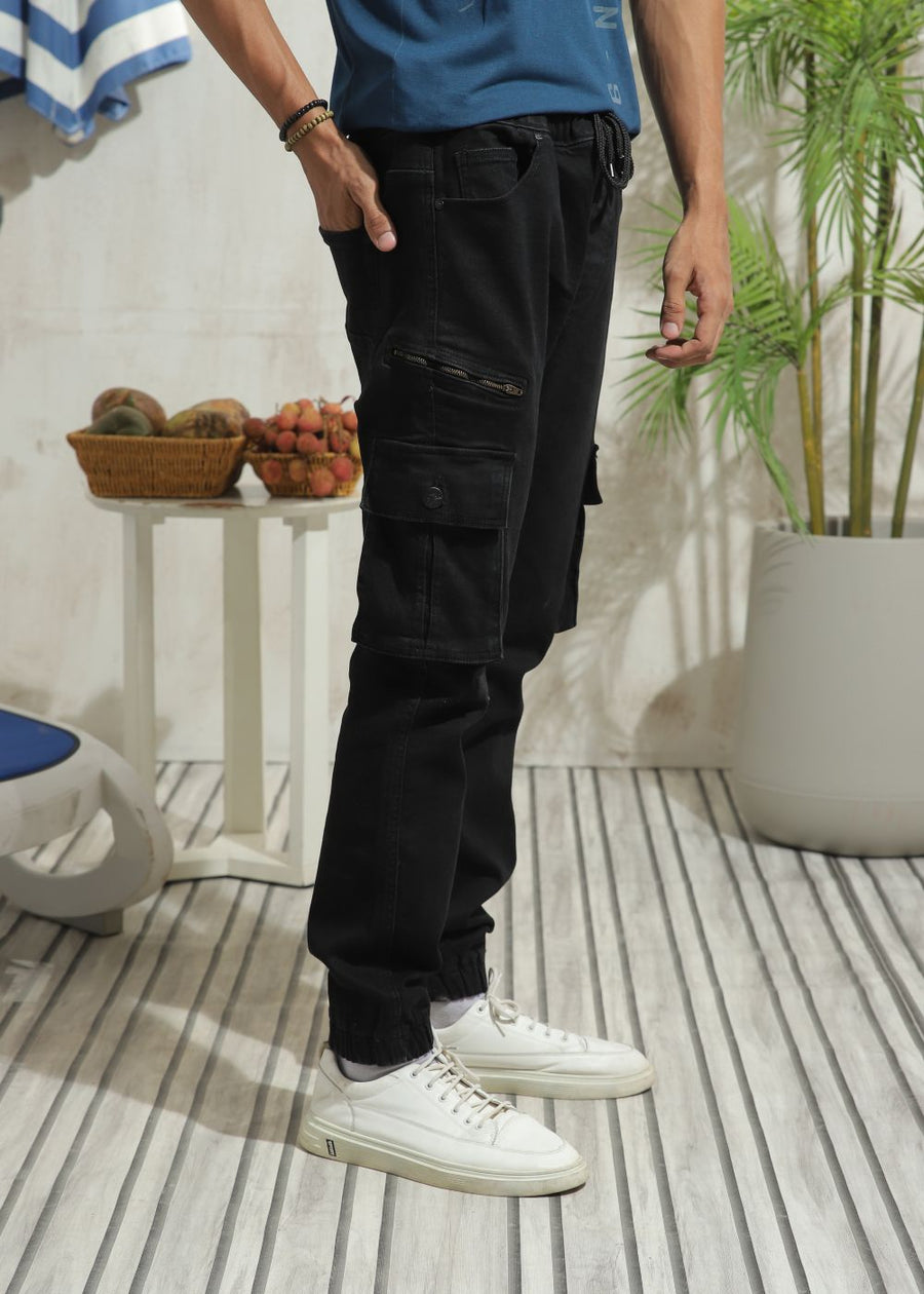 Black Cargo Denim Joggers