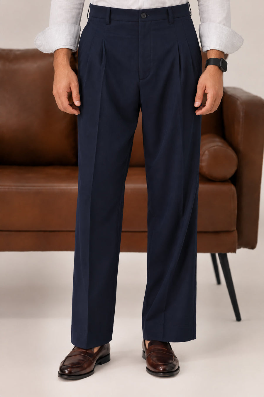 Navy Elasticated Double-Pleat Relaxed Dress Pants