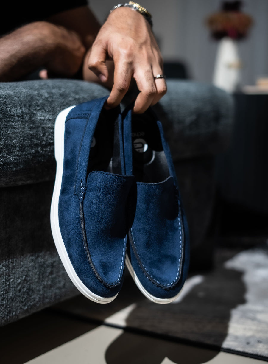 Navy Blue Suede Penny Loafers