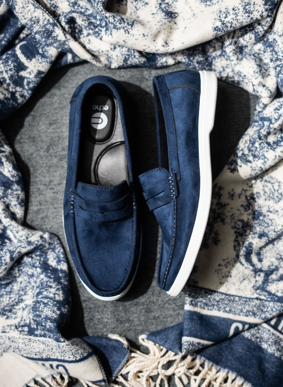 Navy Blue Tie Suede Penny Loafers