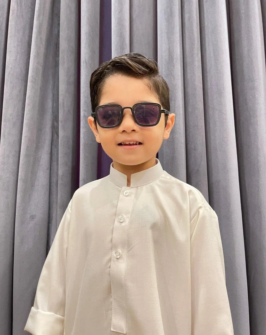 Off White Blended Kurta Trouser - Kids