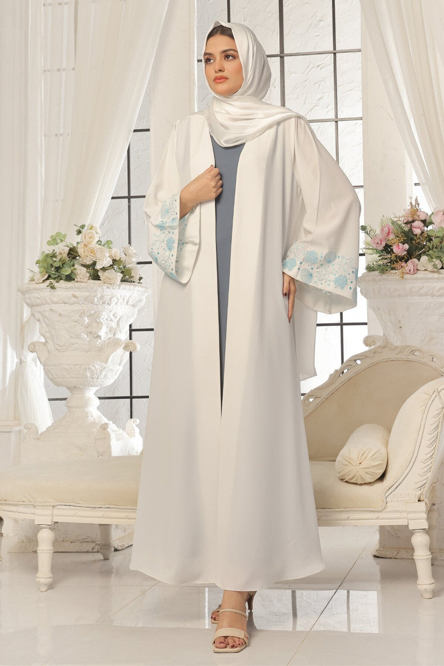 Seashell Embroidered White Abaya