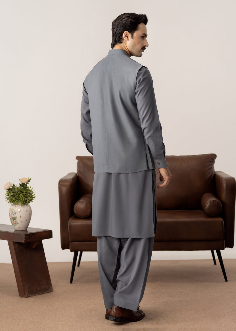 Bluish Grey Kurta Shalwar with Pick-Stitch Matching Waistcoat - Men