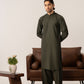 Army Green Kurta Shalwar with Pick-Stitch Matching Waistcoat - Men