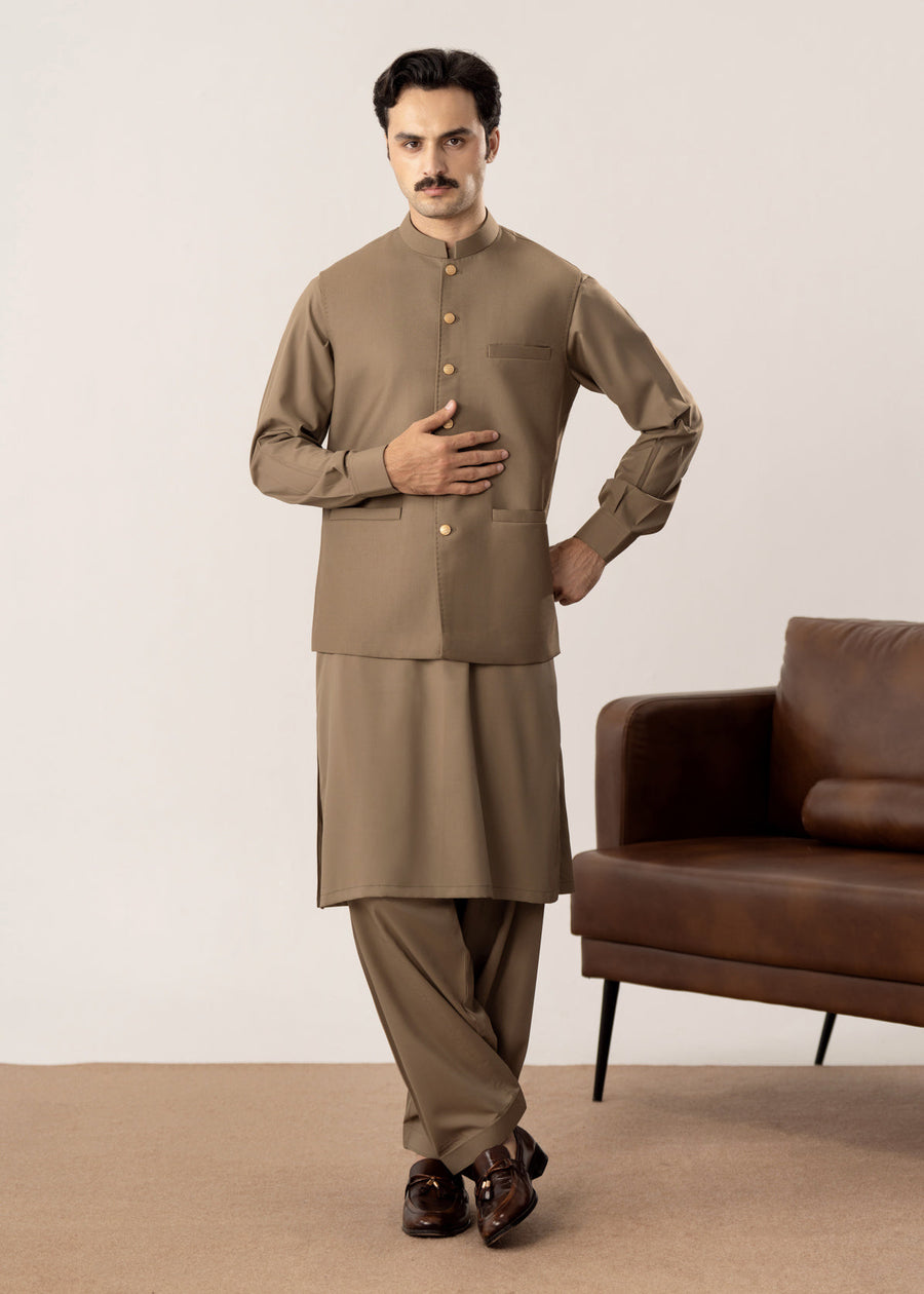 Stone Brown Kurta Shalwar with Pick-Stitch Matching Waistcoat - Men