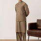 Stone Brown Kurta Shalwar with Pick-Stitch Matching Waistcoat - Men