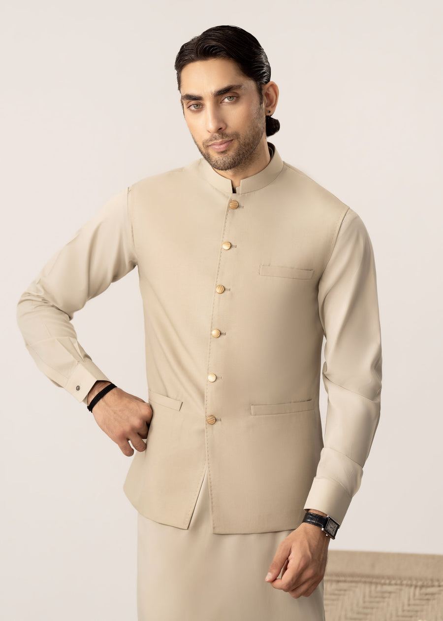 Light Beige Kurta Shalwar with Pick-Stitch Matching Waistcoat - Men