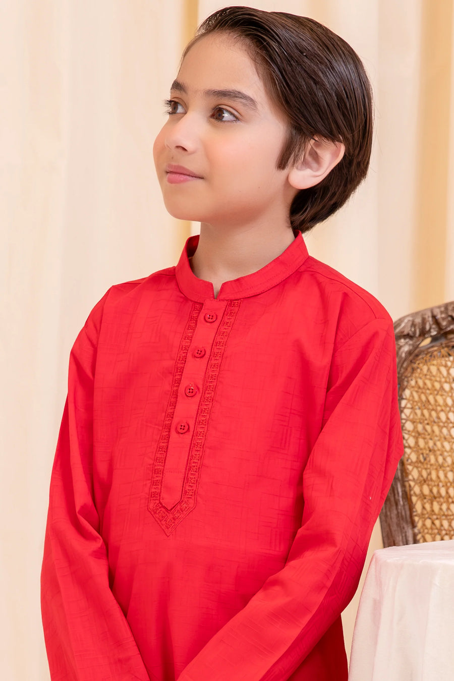 Boys Red Embroidered Cotton Kurta