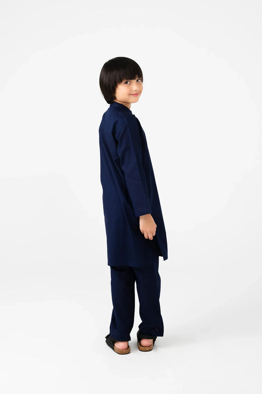Boys Navy Blue Cotton Jacquard Kurta Set