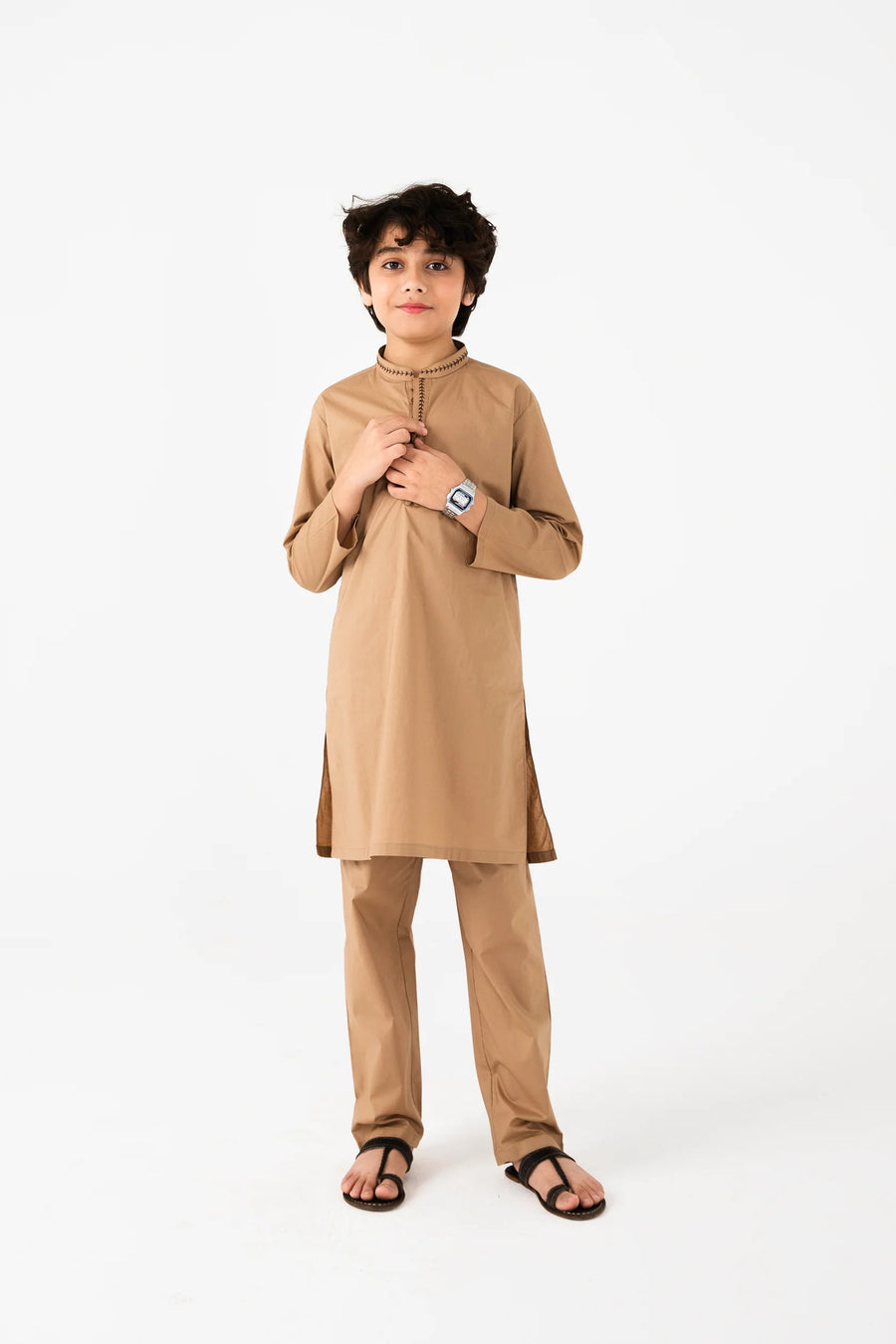 Boys Timeless Light Brown Emroidered Kurta Set