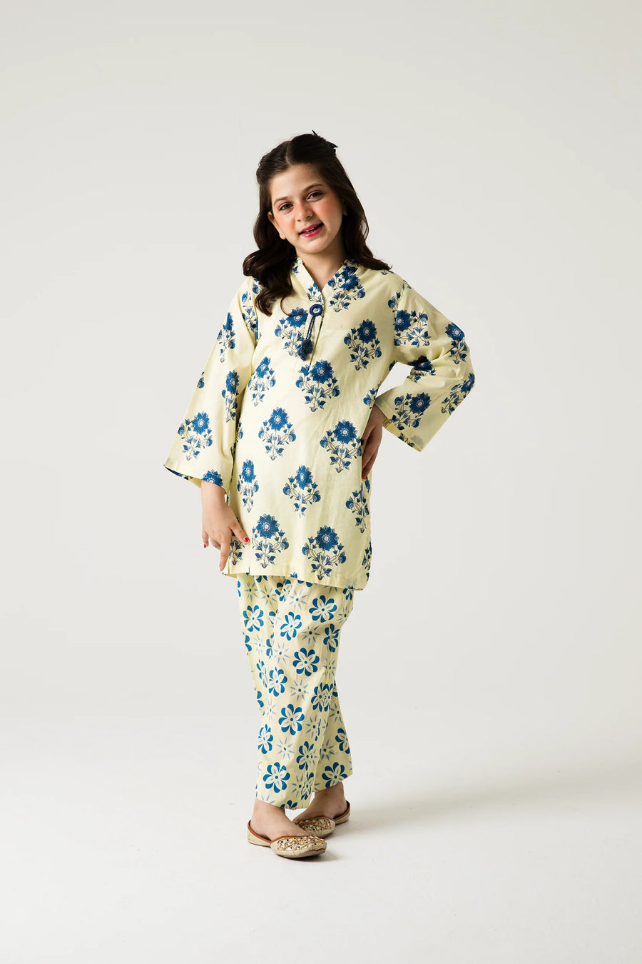 Off-White Blue Floral Kurta Shalwar - 2pc