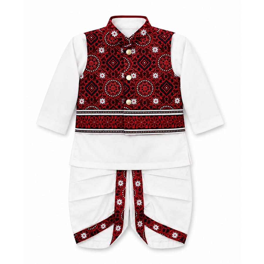 Premium Traditional Dhoti Kurta with Red Sindhi Ajrak Waistcoat