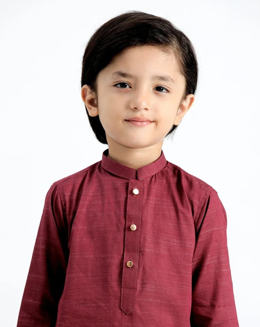 Wine Cotton Kurta Trouser - Kids