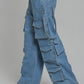 Blue Multi Pocket Cargo Jeans Women